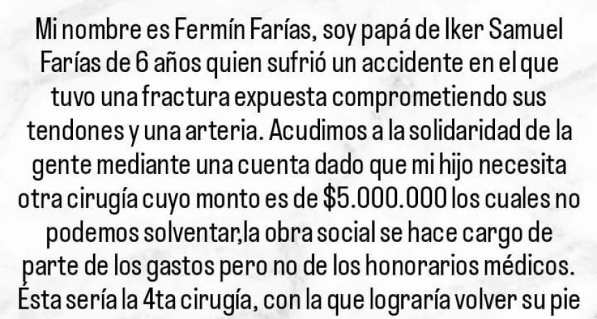 Piden dinero para hacer frente a la operación de un niño