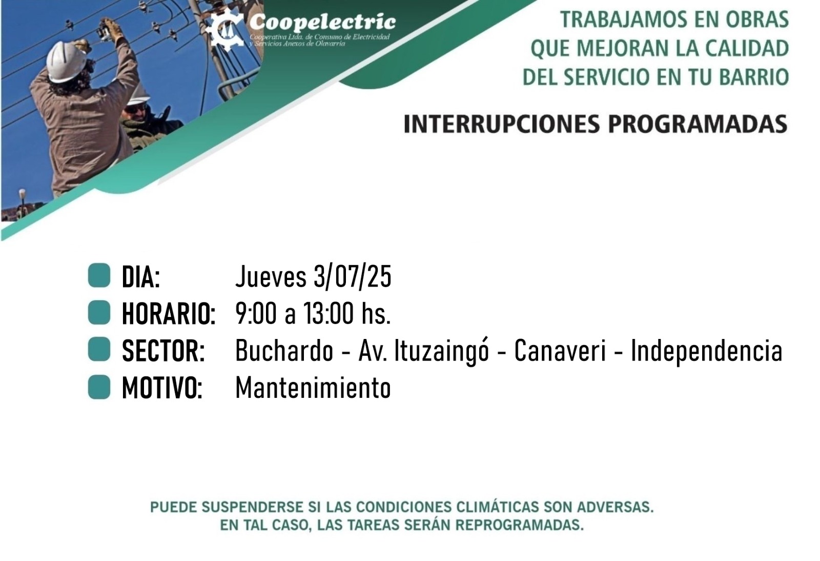 Corte de luz programado para este jueves