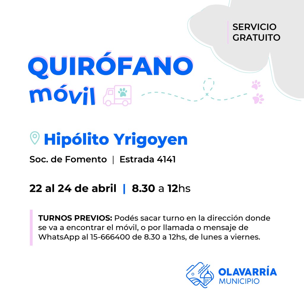 El Quirófano Veterinario Móvil atenderá en el barrio Hipólito Yrigoyen y en Mapis